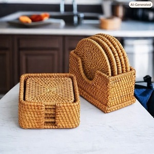 Top Selling Handwoven Eco-Friendly Rattan Coasters Set Storage Box Square Shape Wabi-Sabi Style <b>Table</b> Mats Pads Kitchen - Product Image 4
