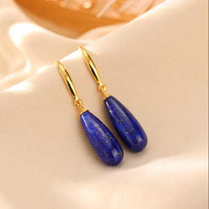 Boucles d'oreilles pendantes en argent pur plaqué or avec lapis-lazuli naturel en forme de goutte d'eau géométrique exquise – Cadeau - Product Image 3