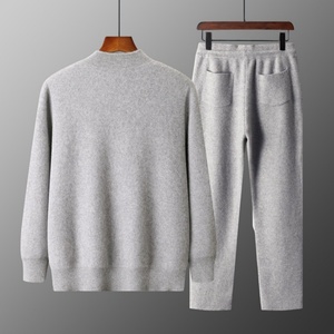 Men's Gray Knit Tracksuit Set Full Sleeve Zipper Front Casual Jogger Pants Solid Color Stand Collar Autumn Wear - Product Image 3