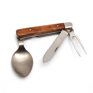Ensemble de couverts pliants répliques Union Company, style guerre civile, en acier inoxydable, avec manche en bois, comprenant couteau, fourchette et cuillère, de style antique et à emplacement. - Product Image 1