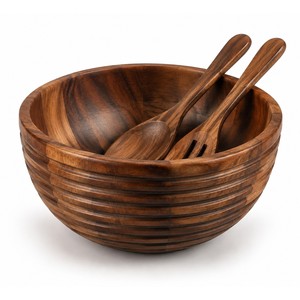 Ensemble de saladiers en bois d'acacia écologique artisanal Aqdus Saleem avec cuillères en bois, vente en gros - Product Image 1