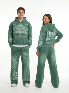 Conjunto de Sudadera con Capucha y Pantalones Deportivos Casuales con Cierre, Estilo Vintage, Lavado, Cómodo y Elegante, de Algodón y Poliéster - Product Image 2