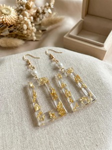 Handmade Resin Earrings With Gold Leaf And Pearl Luxury Style Clear Rectangular <b>Drop</b> Earrings - Product Image 6