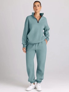 Conjunto Deportivo Azul Claro para Mujer, Sudadera con Cierre de Media Cremallera, Pantalones Largos, Corte Holgado, Color Sólido, Ropa Casual de Otoño - Product Image 2