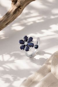 Blue Sapphire and Diamond <b>Ring</b> with Prong Setting in Rhodium Plated 92.5 Sterling Silver - Product Image 1