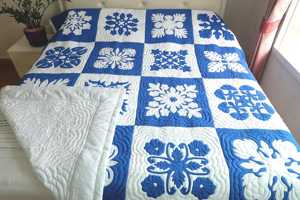 Royal Hawaiian Hand Applique Quilt Block Coastal Blue White Heirloom Bedding Custom <b>Queen</b> California King Tropical Bedroom Decor - Product Image 4