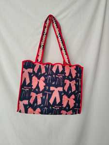 3 Piece Quilted Bow Print Tote Bag Set with Cosmetic Pouch and Round Mat, Reusable Cotton Fabric <b>Gift</b> Set - Product Image 5
