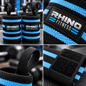 Bandes de poignet en coton noir et bleu Rhino Fitness avec boucle pour le pouce, pour la main gauche, pour la musculation, la salle de sport, le sport en plein air - Product Image 5