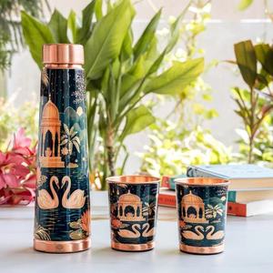 Classic Eco-Friendly Oriental Floral <b>Metal</b> <b>Water</b> <b>Bottles</b> with Copper Lid and Matching Cups Set for Outdoor Use From Delhi - Product Image 6