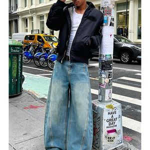Jean baggy pour homme, noir délavé, coupe large, style hip-hop, streetwear décontracté - Product Image 2