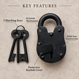 SHUBHAM Vintage Black Iron Padlock with Traditional Keys Heavy Duty Antique Style Lock for <b>Door</b> Gate Trunk Cabinet Hardware - Product Image 5