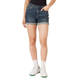 Shorts en jean taille haute pour femme avec cinq poches, délavage stonewashed, coupe droite, style décontracté, ourlet retroussé - Product Image 5