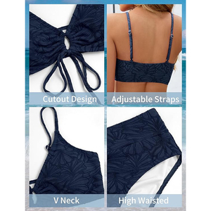 Conjunto de bikini de dos piezas para mujer con bloques de color, atado frontal, cintura alta y tela texturizada - Product Image 4