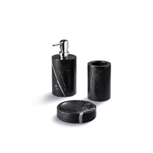 Ensemble de salle de bain en marbre noir, 3 pièces, distributeur de savon rond, porte-brosse à dents, plateau, minimaliste, facile à nettoyer - Product Image 4