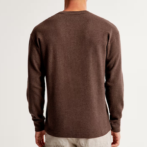 <b>Men's</b> Brown Knitted <b>Henley</b> Pullover Long Sleeve Regular Fit Casual <b>Shirt</b> 100% Cotton Button Up Collar Autumn Wear - Product Image 3