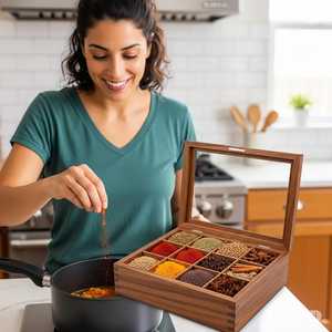 Handcrafted Wooden <b>Spice</b> <b>Box</b> with 12 Compartments & Glass Lid | Traditional Masala Organizer Sheesham Wood Kitchen Storage - Product Image 2