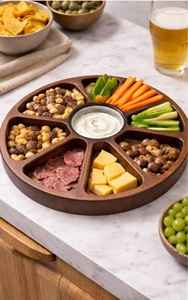 Plateau de service rond en bois d'acacia avec compartiments, plateau à collation en bois, plateau de service divisé pour fruits secs - Product Image 3