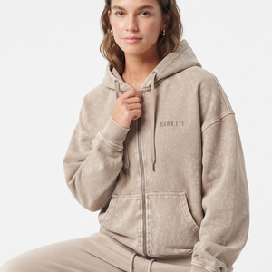 Sudadera con capucha beige oversize con hombros caídos y lavado ácido para mujer, al por mayor, de alta calidad, informal, con cremallera completa - Product Image 3