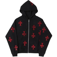 Blouson Bomber Homme Noir à Fermeture Éclair, Effet Délavé, Anti-Boulochage, 100% Coton, Paillettes, Broderie Croix Rouge Gothique, Polaire, Hiver, Streetwear