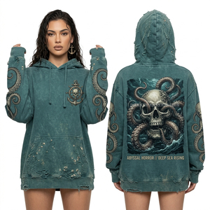 Hoodie oversize 350 GSM tie-dye pour femme, imprimé personnalisé bleu sarcelle tentacule de pieuvre et crâne, streetwear, pull à capuche long - Product Image 2