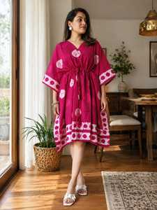 Pink Floral Printed 100% Cotton <b>Kaftan</b> Dress Collarless Neckline Loose Fit Midi Boho Casual <b>Summer</b> Wear Drawstring Elastic Waist - Product Image 3