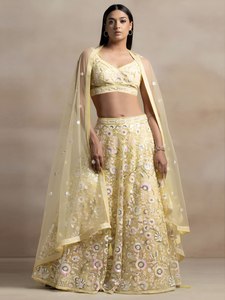 2026 Traditional Luxury Yellow Floral Embroidered Floor-Length Lehenga Choli Set Net Dupatta for Winter/Spring <b>Bridal</b> Wedding - Product Image 5