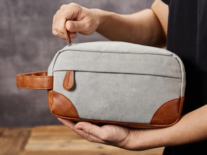 Large Canvas Leather Toiletry <b>Bag</b> Custom Logo Unisex Travel Cosmetic <b>Wash</b> <b>Bag</b> Double Zipper Shaving Dopp Kit LCTB-0014B - Product Image 2