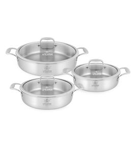 Ensemble de casseroles peu profondes haut de gamme en acier inoxydable 18/10, 6 pièces, corps robuste, poignées solides en acier inoxydable, couvercles en verre, compatible induction - Product Image 1