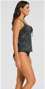 Ensemble de maillots de bain tankini fleuris pour femmes, haut court froncé et bas hipster, imprimé feuilles noir rose blanc, confortable et extensible, pour la plage et la piscine - Product Image 3
