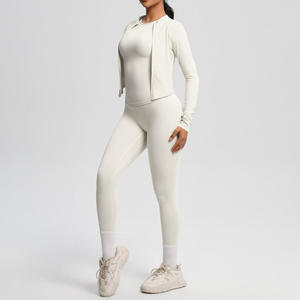 High Quality Custom Logo Women's 2-Piece Gym <b>Yoga</b> Sports Tracksuit Casual Knit Fabric Solid Long Sleeve Zipper <b>Jacket</b> Legging - Product Image 3