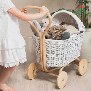 Toy doll <b>stroller</b> <b>for</b> girls; woven from natural rattan; features a wooden 4-wheel design; a toy <b>for</b> children. - Product Image 4