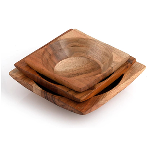 ชุดชามไม้ทรงสี่เหลี่ยมซ้อนกันได้ ทำจากไม้กระถินเทศ 3 ใบ (ขนาด 8 นิ้ว, 7 นิ้ว, 6 นิ้ว) สำหรับใส่สลัด ของว่าง ถั่ว ซอส และอาหารเตรียม - Product Image 1