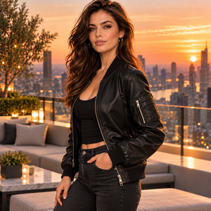 <b>Women</b>’s Black <b>Leather</b> <b>Bomber</b> <b>Jacket</b> Casual Streetwear Zip Up Fashion <b>Jacket</b> Custom OEM Private Label Wholesale Western Wear - Product Image 2