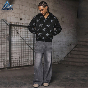 Sweat-shirt à capuche zippé pour homme, personnalisé OEM, imprimé motif étoiles sur toute la surface, fermeture éclair intégrale, en molleton, coupe ample - Product Image 5
