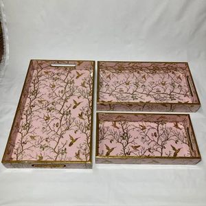 Ensemble de 3 plateaux de rangement en bois laqué, rectangulaires, motif oiseau rose, empilables, modernes, pour salle de bain, bijoux, compatibles lave-vaisselle, multifonctionnels - Product Image 3