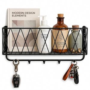 Porta llaves moderno de metal con ganchos para llaves y cesta de almacenamiento, diseño minimalista, organizador de hierro negro. - Product Image 5