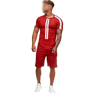 Conjunto de Camisa y Pantalones Cortos de Verano para Hombre, Estilo Urbano con Rayas en Contraste Rojo y Blanco, Camisa de Manga Corta Transpirable para Hombre - Product Image 1