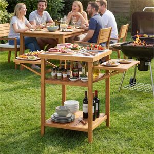 Tavolo da Esterno in Legno di Acacia con Piano Ribaltabile in Resina Effetto Marmo per Stazione di Preparazione BBQ e Accessori - Product Image 2