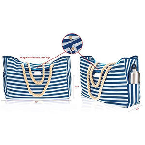 <b>Large</b> Capacity Nautical Canvas <b>Beach</b> Tote <b>Bag</b> with Rope Handles Blue Striped Reusable Shopping Handbag for Women - Product Image 4