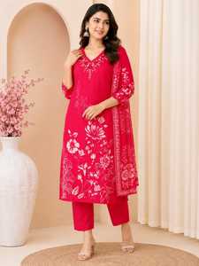 Pink Floral Printed Straight Kurta Pant <b>Dupatta</b> Set for Women with Embroidered Neckline Festive and Traditional Ethnic Wear - Product Image 3