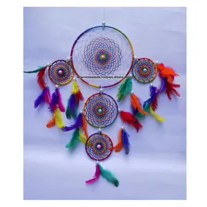 五环设计大型悬挂捕梦网，带彩色羽毛，用于卧室墙壁装饰