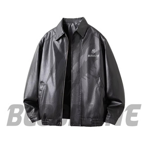 BLOODLINE Men's Black PU Leather Jacket Turn-<b>down</b> Collar Zipper Closure Casual Style Autumn Wear - Product Image 1
