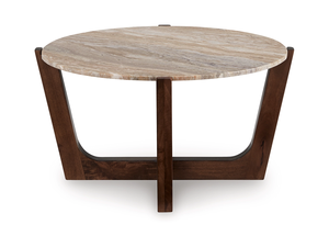 Table basse de salon moderne, durable et écologique, avec plateau rond en marbre travertin et pieds pliants en bois de manguier massif finition marron - Product Image 2
