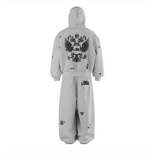 Conjunto Deportivo Personalizado Gris Liso de Algodón, Sudadera con Capucha y Cremallera con Diseño Gráfico, Pantalones Deportivos Holgados de 2 Piezas - Product Image 2