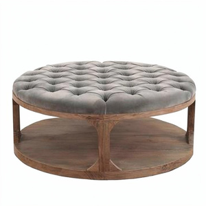 Tufted Coffee Table Ottoman Solid Wood Linen Upholstered Storage Shelf <b>Round</b> Footrest For Living Room Bedroom Modern Design - Product Image 1