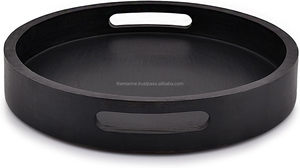 <b>Large</b> Vintage Acacia Wood Round Serving <b>Tray</b> Cutout Handle Rustic Farmhouse Style Home Restaurants Coffee Food Breakfast Decor - Product Image 2