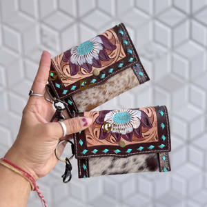 Hand Tooled Carving Western Hair on Hide Fur Leather <b>Small</b> Wristlet Coin <b>Purse</b> Multi Uses Mini Wallet for Women Western Gifts - Product Image 1