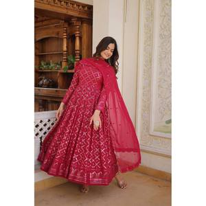 LIKSHA 2 <b>COLOUR</b> RANI & WINE EMBROIDERED GEORGETTE ANARKALI FULLY STITCHED SUIT <b>SET</b> -TD 124- - Product Image 5