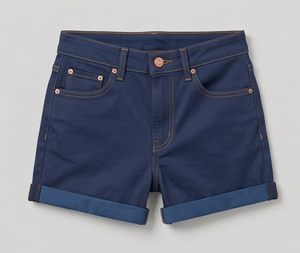 Shorts en jean bleu marine pour homme, coupe droite, taille mi-haute, style décontracté d'été, détails surpiqués, couleur unie, tissu tissé - Product Image 1