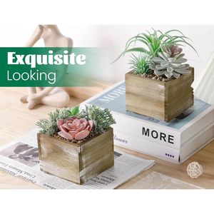 Set di 2 Piante Grasse Artificiali in Vasi di Legno con Fiori Rosa per Decorazione Bagno Stile Fattoria, Piante Verdi Decorative da Interno - Product Image 2